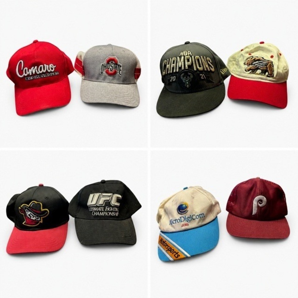 Mens Hat Lot 8pc Camaro Ohio State NBA Bucks UFC Motorsports Phillies Caps